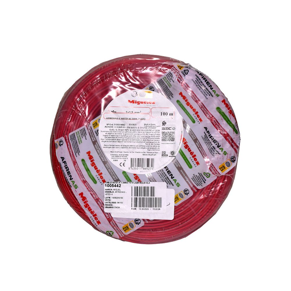 Cable H07Z1-K 6mm2, 450/750V libre de halógeno rojo, clase 5, x rollo