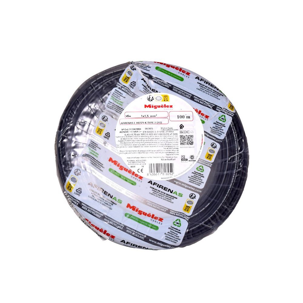 Cable H07Z1-K 2.5mm2, 450/750V libre de halógeno negro, clase 5, x rollo